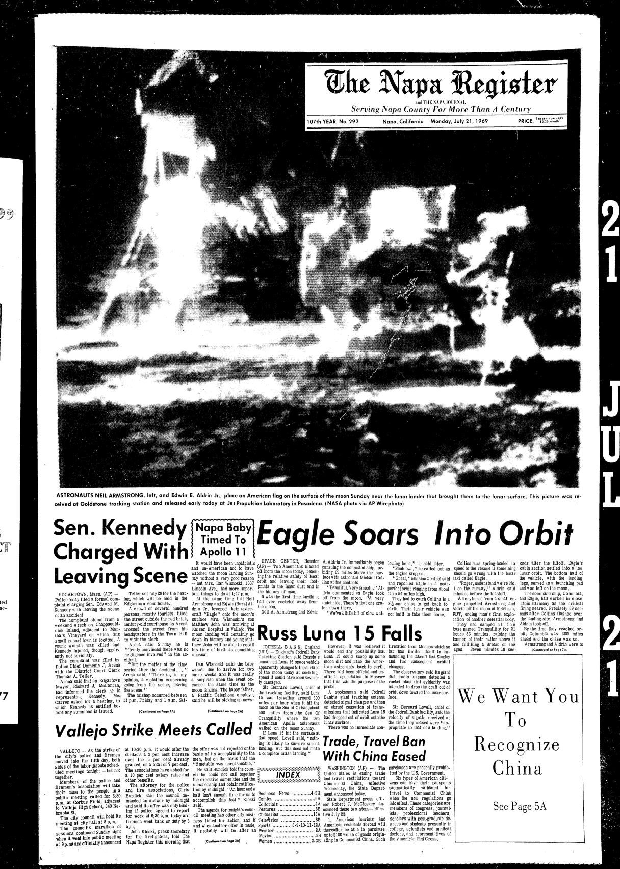 Astronauts land on Moon, July 21, 1969